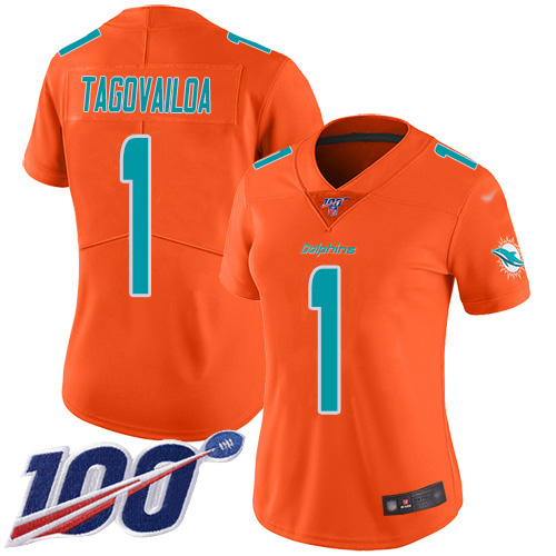 Nike Miami Dolphins #1 Tua Tagovailoa Orange Women Stitched NFL Limited Inverted Legend 100th Season Jersey->women nfl jersey->Women Jersey